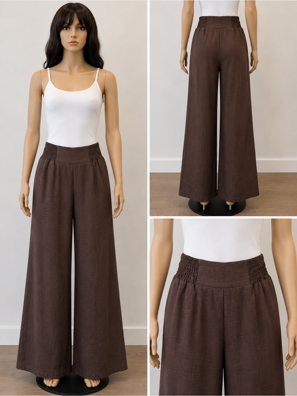Smocked Waist Wide-Leg Pants in Chocolate Brown